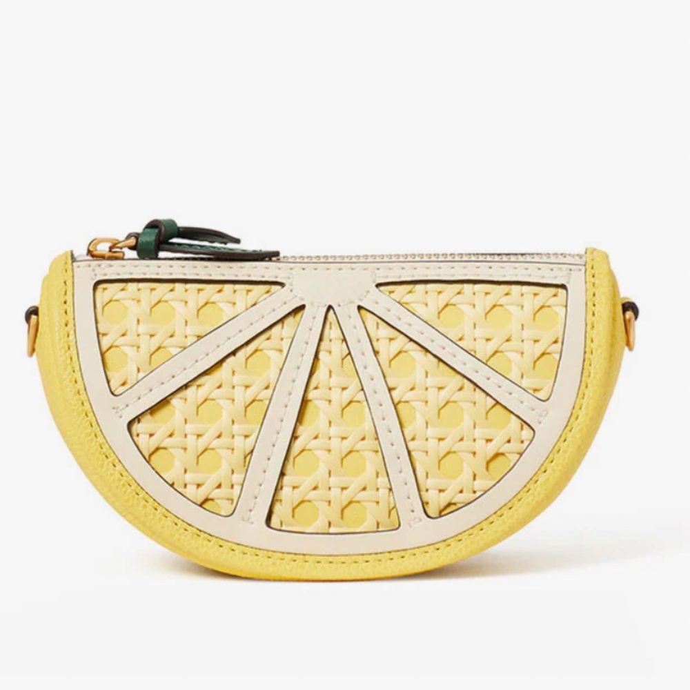 NWOT KATE SPADE Lemon Drop Rattan embellished yellow Crossbody Gold Chain NEW
